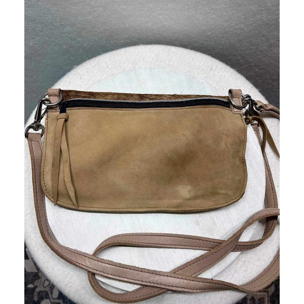 Tan Leather Cowhide Hair On Hide Foldover Crossbody Wristlet Bag